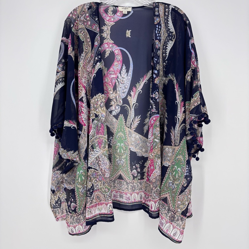 Umgee Kimono Size S/M Floral Bohemian Short Semi Sheer Blue Pink Ball Tassel